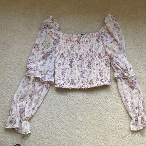 pink floral ruched blouse